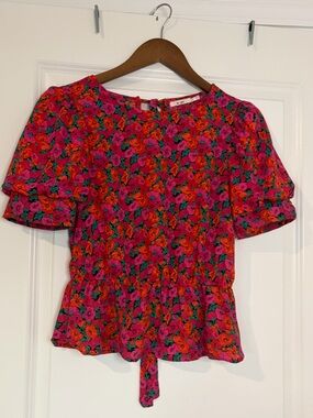 MiAmi Floral Tie-Waist Peplum Blouse - Pink & Red